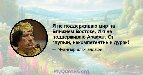 Я не поддерживаю мир на Ближнем Востоке. И я не поддерживаю Арафат. Он глупый, некомпетентный дурак!