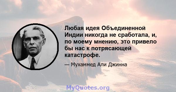 Любая идея Объединенной Индии никогда не сработала, и, по моему мнению, это привело бы нас к потрясающей катастрофе.