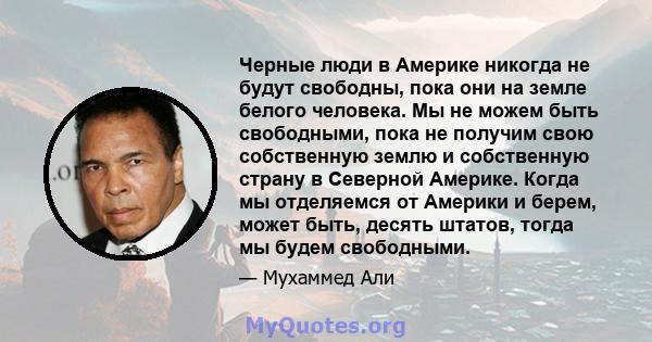 Черные люди в Америке никогда не будут свободны, пока они на земле белого человека. Мы не можем быть свободными, пока не получим свою собственную землю и собственную страну в Северной Америке. Когда мы отделяемся от