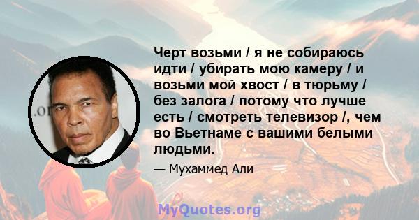 Черт возьми / я не собираюсь идти / убирать мою камеру / и возьми мой хвост / в тюрьму / без залога / потому что лучше есть / смотреть телевизор /, чем во Вьетнаме с вашими белыми людьми.