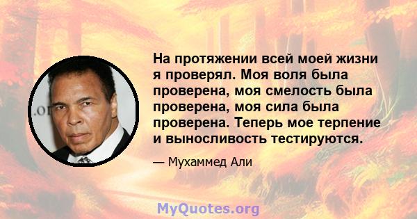 На протяжении всей моей жизни я проверял. Моя воля была проверена, моя смелость была проверена, моя сила была проверена. Теперь мое терпение и выносливость тестируются.