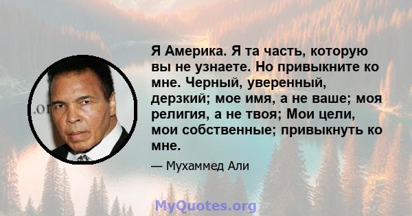 Я Америка. Я та часть, которую вы не узнаете. Но привыкните ко мне. Черный, уверенный, дерзкий; мое имя, а не ваше; моя религия, а не твоя; Мои цели, мои собственные; привыкнуть ко мне.