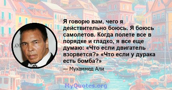 Я говорю вам, чего я действительно боюсь. Я боюсь самолетов. Когда полете все в порядке и гладко, я все еще думаю: «Что если двигатель взорвется?» «Что если у дурака есть бомба?»