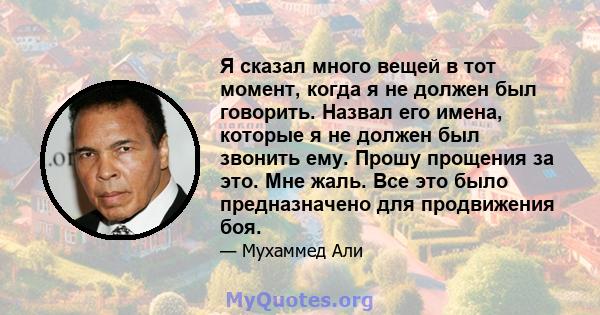 Я сказал много вещей в тот момент, когда я не должен был говорить. Назвал его имена, которые я не должен был звонить ему. Прошу прощения за это. Мне жаль. Все это было предназначено для продвижения боя.