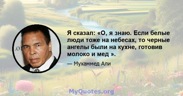 Я сказал: «О, я знаю. Если белые люди тоже на небесах, то черные ангелы были на кухне, готовив молоко и мед ».