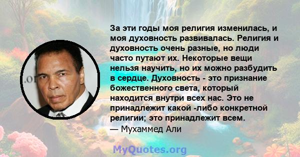 За эти годы моя религия изменилась, и моя духовность развивалась. Религия и духовность очень разные, но люди часто путают их. Некоторые вещи нельзя научить, но их можно разбудить в сердце. Духовность - это признание