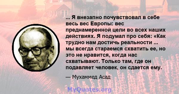 ... Я внезапно почувствовал в себе весь вес Европы: вес преднамеренной цели во всех наших действиях. Я подумал про себя: «Как трудно нам достичь реальности ... мы всегда стараемся схватить ее, но это не нравится, когда