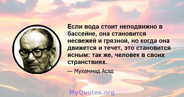 Если вода стоит неподвижно в бассейне, она становится несвежей и грязной, но когда она движется и течет, это становится ясным: так же, человек в своих странствиях.