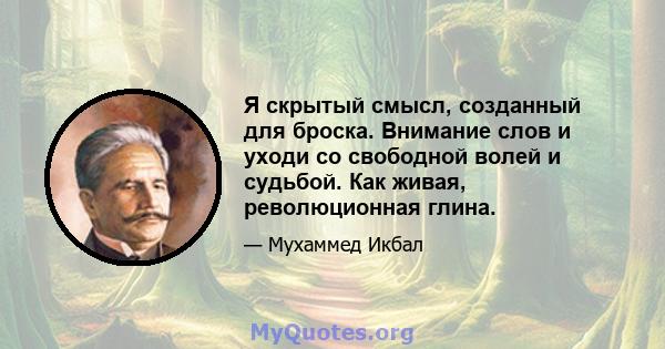 Я скрытый смысл, созданный для броска. Внимание слов и уходи со свободной волей и судьбой. Как живая, революционная глина.