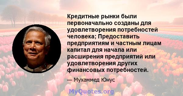 Кредитные рынки были первоначально созданы для удовлетворения потребностей человека; Предоставить предприятиям и частным лицам капитал для начала или расширения предприятий или удовлетворения других финансовых