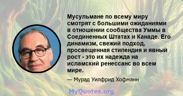 Мусульмане по всему миру смотрят с большими ожиданиями в отношении сообщества Уммы в Соединенных Штатах и ​​Канаде. Его динамизм, свежий подход, просвещенная стипендия и явный рост - это их надежда на исламский