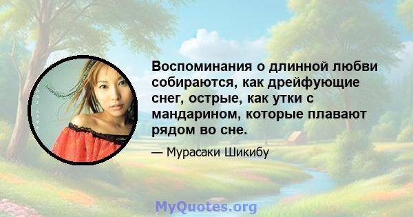 Воспоминания о длинной любви собираются, как дрейфующие снег, острые, как утки с мандарином, которые плавают рядом во сне.