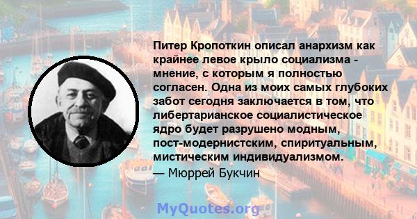 Питер Кропоткин описал анархизм как крайнее левое крыло социализма - мнение, с которым я полностью согласен. Одна из моих самых глубоких забот сегодня заключается в том, что либертарианское социалистическое ядро ​​будет 