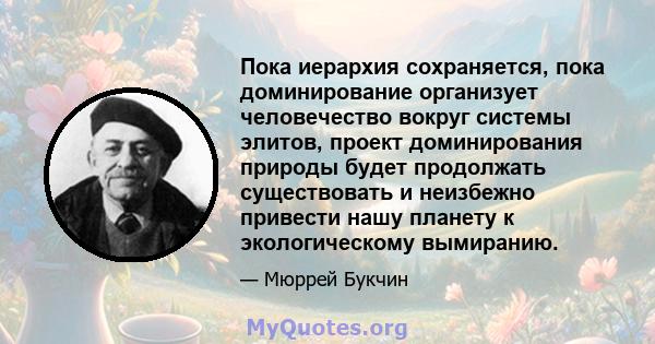 Пока иерархия сохраняется, пока доминирование организует человечество вокруг системы элитов, проект доминирования природы будет продолжать существовать и неизбежно привести нашу планету к экологическому вымиранию.