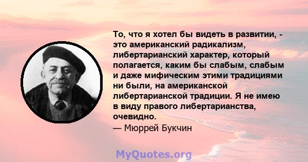 То, что я хотел бы видеть в развитии, - это американский радикализм, либертарианский характер, который полагается, каким бы слабым, слабым и даже мифическим этими традициями ни были, на американской либертарианской