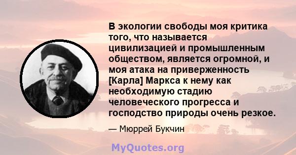 В экологии свободы моя критика того, что называется цивилизацией и промышленным обществом, является огромной, и моя атака на приверженность [Карла] Маркса к нему как необходимую стадию человеческого прогресса и