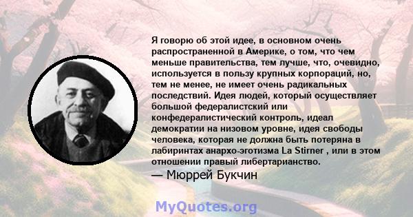 Я говорю об этой идее, в основном очень распространенной в Америке, о том, что чем меньше правительства, тем лучше, что, очевидно, используется в пользу крупных корпораций, но, тем не менее, не имеет очень радикальных