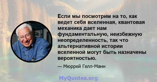 Если мы посмотрим на то, как ведет себя вселенная, квантовая механика дает нам фундаментальную, неизбежную неопределенность, так что альтернативной истории вселенной могут быть назначены вероятностью.