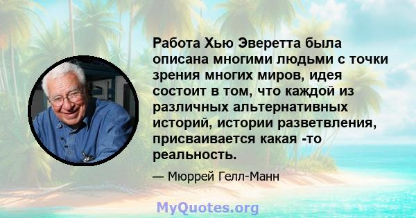 Работа Хью Эверетта была описана многими людьми с точки зрения многих миров, идея состоит в том, что каждой из различных альтернативных историй, истории разветвления, присваивается какая -то реальность.