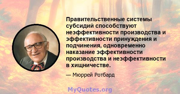 Правительственные системы субсидий способствуют неэффективности производства и эффективности принуждения и подчинения, одновременно наказание эффективности производства и неэффективности в хищничестве.