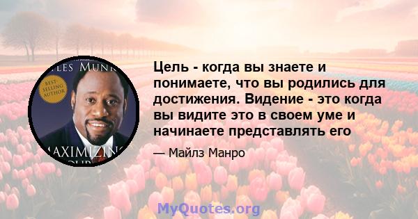 Цель - когда вы знаете и понимаете, что вы родились для достижения. Видение - это когда вы видите это в своем уме и начинаете представлять его