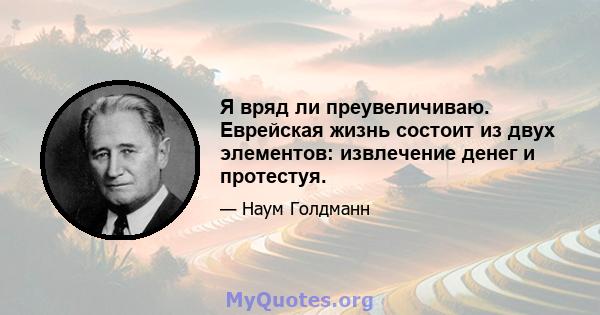 Я вряд ли преувеличиваю. Еврейская жизнь состоит из двух элементов: извлечение денег и протестуя.