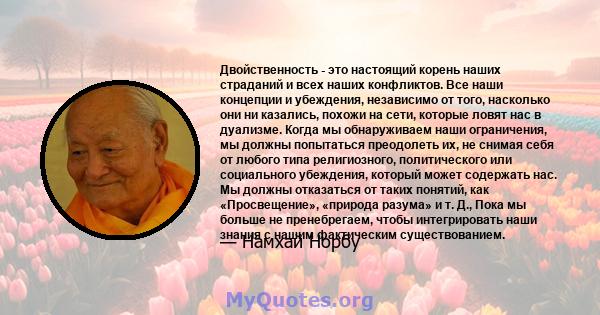 Двойственность - это настоящий корень наших страданий и всех наших конфликтов. Все наши концепции и убеждения, независимо от того, насколько они ни казались, похожи на сети, которые ловят нас в дуализме. Когда мы