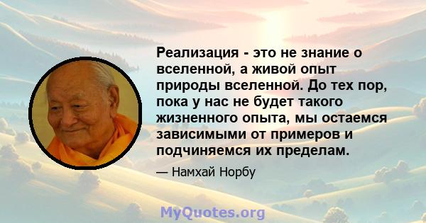 Реализация - это не знание о вселенной, а живой опыт природы вселенной. До тех пор, пока у нас не будет такого жизненного опыта, мы остаемся зависимыми от примеров и подчиняемся их пределам.