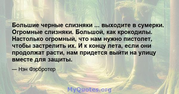 Большие черные слизняки ... выходите в сумерки. Огромные слизняки. Большой, как крокодилы. Настолько огромный, что нам нужно пистолет, чтобы застрелить их. И к концу лета, если они продолжат расти, нам придется выйти на 