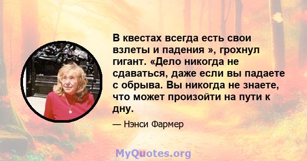 В квестах всегда есть свои взлеты и падения », грохнул гигант. «Дело никогда не сдаваться, даже если вы падаете с обрыва. Вы никогда не знаете, что может произойти на пути к дну.