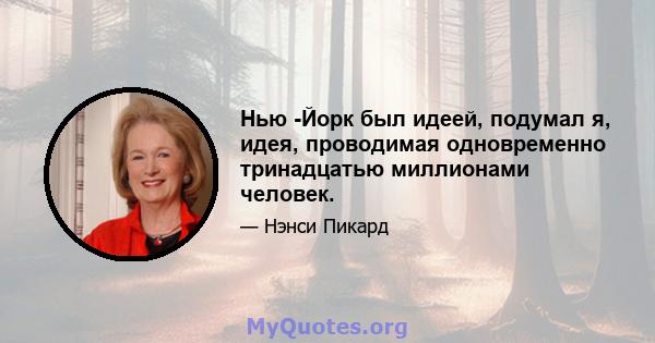 Нью -Йорк был идеей, подумал я, идея, проводимая одновременно тринадцатью миллионами человек.