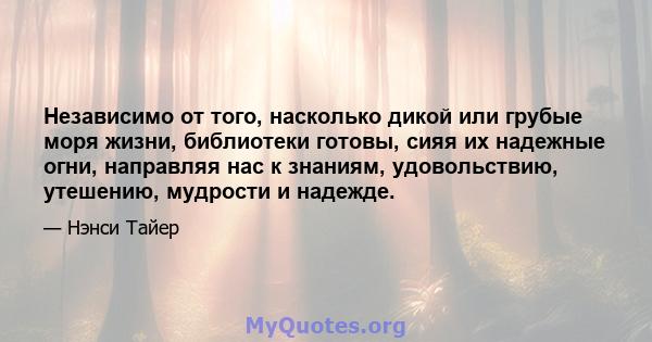 Независимо от того, насколько дикой или грубые моря жизни, библиотеки готовы, сияя их надежные огни, направляя нас к знаниям, удовольствию, утешению, мудрости и надежде.