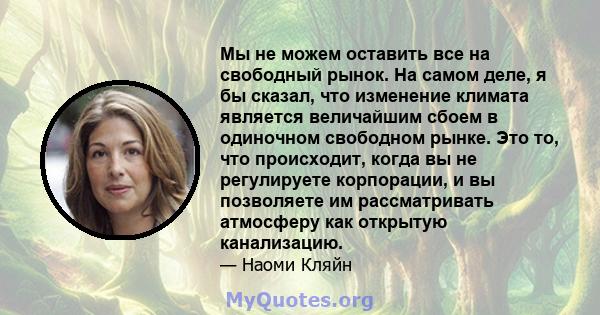 Мы не можем оставить все на свободный рынок. На самом деле, я бы сказал, что изменение климата является величайшим сбоем в одиночном свободном рынке. Это то, что происходит, когда вы не регулируете корпорации, и вы