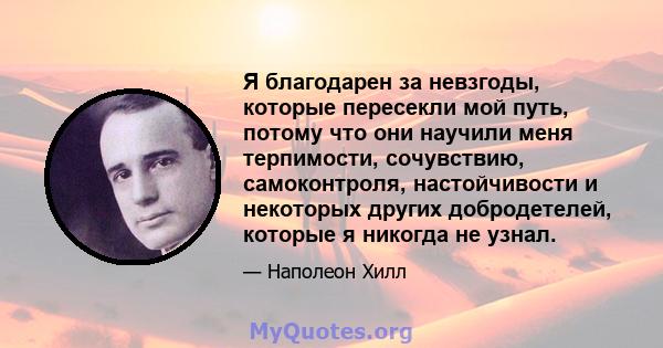 Я благодарен за невзгоды, которые пересекли мой путь, потому что они научили меня терпимости, сочувствию, самоконтроля, настойчивости и некоторых других добродетелей, которые я никогда не узнал.