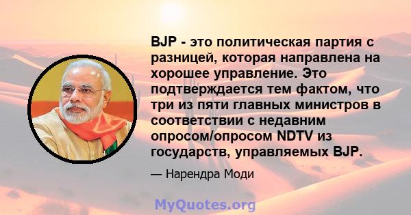 BJP - это политическая партия с разницей, которая направлена ​​на хорошее управление. Это подтверждается тем фактом, что три из пяти главных министров в соответствии с недавним опросом/опросом NDTV из государств,