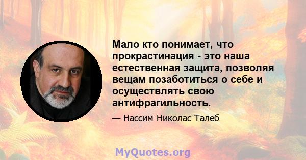 Мало кто понимает, что прокрастинация - это наша естественная защита, позволяя вещам позаботиться о себе и осуществлять свою антифрагильность.