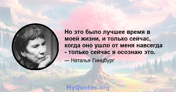 Но это было лучшее время в моей жизни, и только сейчас, когда оно ушло от меня навсегда - только сейчас я осознаю это.