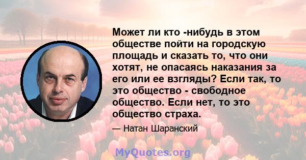 Может ли кто -нибудь в этом обществе пойти на городскую площадь и сказать то, что они хотят, не опасаясь наказания за его или ее взгляды? Если так, то это общество - свободное общество. Если нет, то это общество страха.