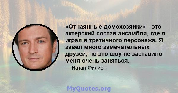 «Отчаянные домохозяйки» - это актерский состав ансамбля, где я играл в третичного персонажа. Я завел много замечательных друзей, но это шоу не заставило меня очень заняться.