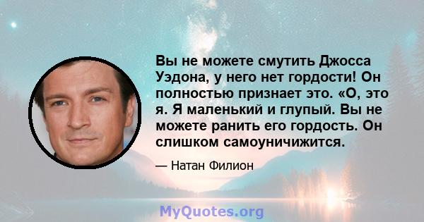 Вы не можете смутить Джосса Уэдона, у него нет гордости! Он полностью признает это. «О, это я. Я маленький и глупый. Вы не можете ранить его гордость. Он слишком самоуничижится.