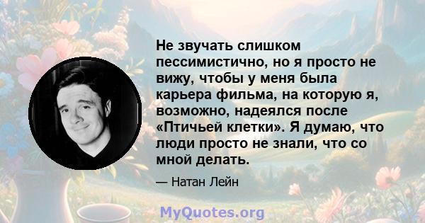 Не звучать слишком пессимистично, но я просто не вижу, чтобы у меня была карьера фильма, на которую я, возможно, надеялся после «Птичьей клетки». Я думаю, что люди просто не знали, что со мной делать.