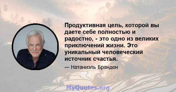 Продуктивная цель, которой вы даете себе полностью и радостно, - это одно из великих приключений жизни. Это уникальный человеческий источник счастья.