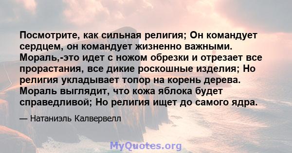 Посмотрите, как сильная религия; Он командует сердцем, он командует жизненно важными. Мораль,-это идет с ножом обрезки и отрезает все прорастания, все дикие роскошные изделия; Но религия укладывает топор на корень