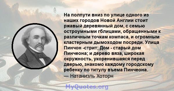 На полпути вниз по улице одного из наших городов Новой Англии стоит ржавый деревянный дом, с семью остроумными гблицами, обращенными к различным точкам компаса, и огромным кластерным дымоходом посреди. Улица Пинчон