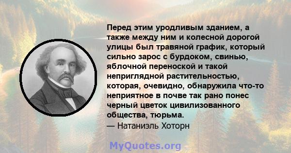 Перед этим уродливым зданием, а также между ним и колесной дорогой улицы был травяной график, который сильно зарос с бурдоком, свинью, яблочной переноской и такой неприглядной растительностью, которая, очевидно,