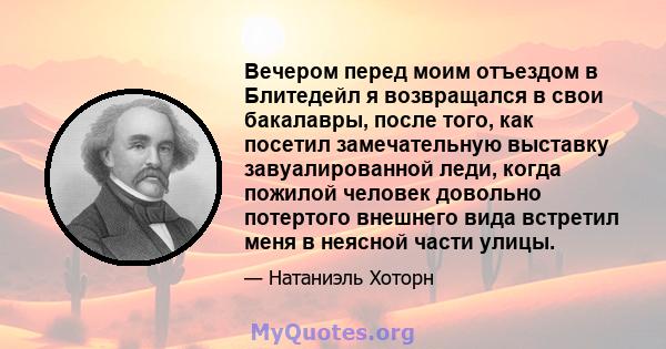 Вечером перед моим отъездом в Блитедейл я возвращался в свои бакалавры, после того, как посетил замечательную выставку завуалированной леди, когда пожилой человек довольно потертого внешнего вида встретил меня в неясной 