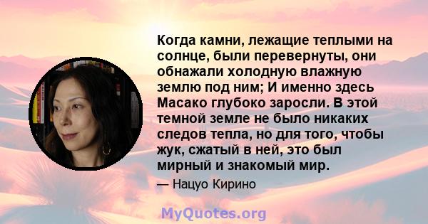 Когда камни, лежащие теплыми на солнце, были перевернуты, они обнажали холодную влажную землю под ним; И именно здесь Масако глубоко заросли. В этой темной земле не было никаких следов тепла, но для того, чтобы жук,