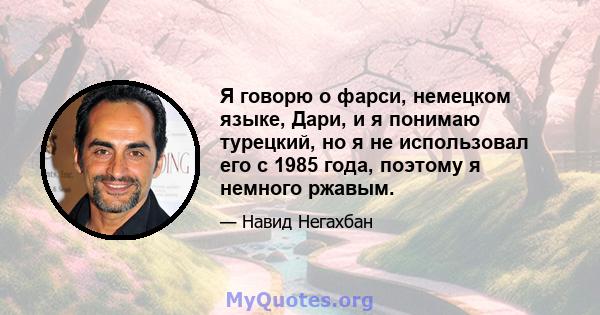 Я говорю о фарси, немецком языке, Дари, и я понимаю турецкий, но я не использовал его с 1985 года, поэтому я немного ржавым.