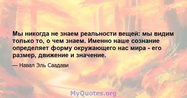 Мы никогда не знаем реальности вещей: мы видим только то, о чем знаем. Именно наше сознание определяет форму окружающего нас мира - его размер, движение и значение.