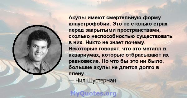 Акулы имеют смертельную форму клаустрофобии. Это не столько страх перед закрытыми пространствами, сколько неспособностью существовать в них. Никто не знает почему. Некоторые говорят, что это металл в аквариумах, которые 